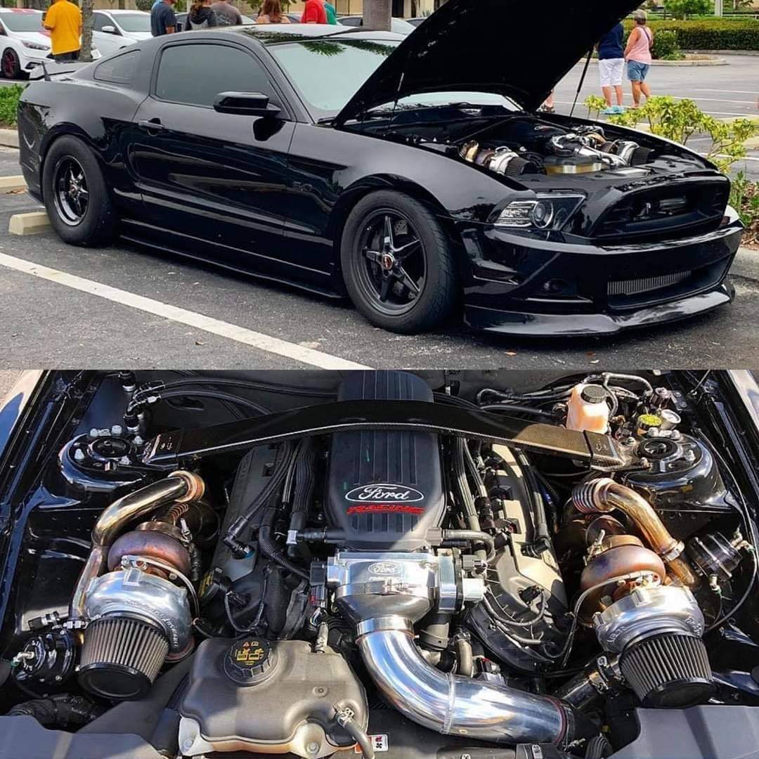 Black Ford Mustang with twin turbo engine build, exterior and engine bay detail