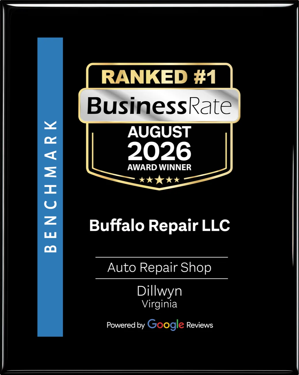 BusinessRate August 2026 award plaque naming Buffalo Repair LLC the number one auto repair shop in Dillwyn, Virginia, based on Google Reviews